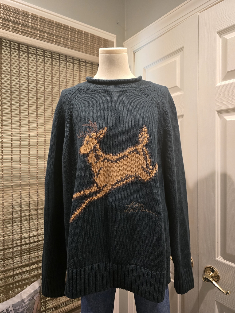 L.L. Bean Teal Crewneck Sweater with Golden Deer Motif
